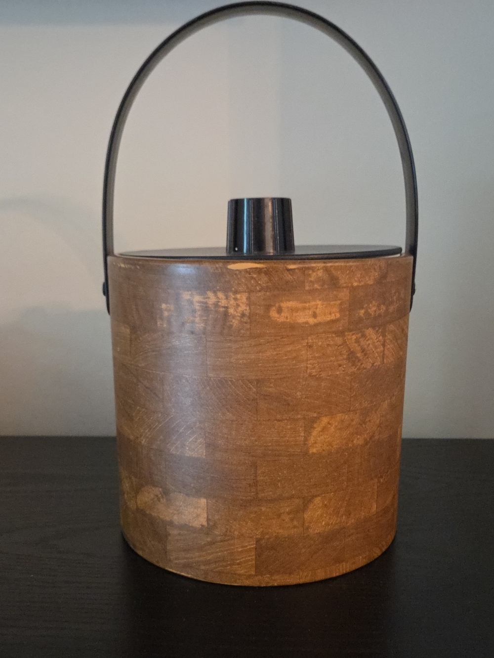 Vintage Irvinware Brown Faux Wood-Grain Ice Bucket with Black Handle